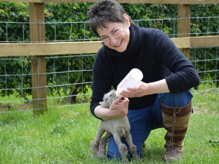 Jessica, owner of southdown duvets, feeding lamb with bottle