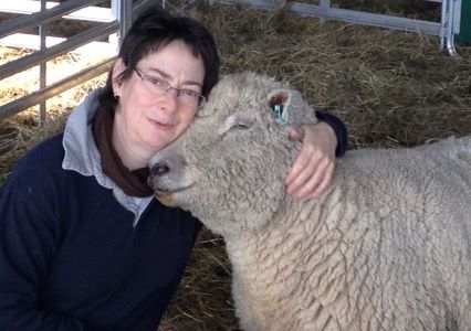 Owner of southdown duvets, jessica cross cuddling southdown sheep